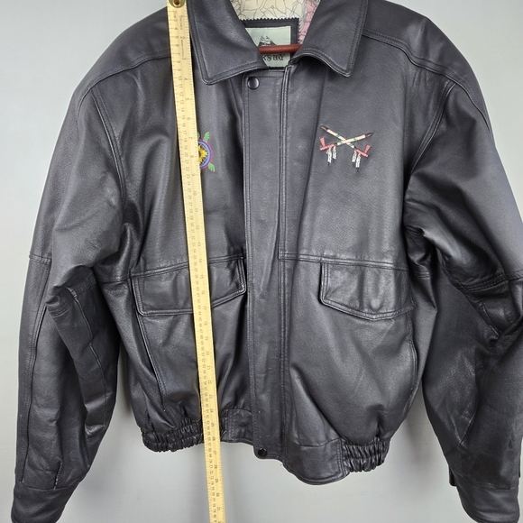 BURKS BAY Genuine Leather Bomber Jacket Map Print inside Embroidered Black Wm XL - Picture 15 of 16